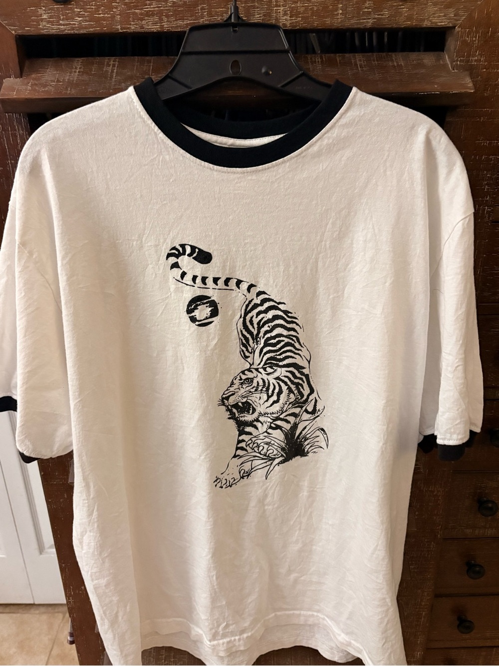 Vintage anchor blue White Ringer Tee with Black Tiger Graphic